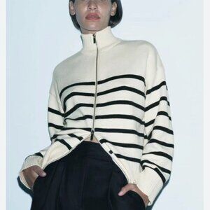 ZARA Zipped Striped Cream Cardigan Size S